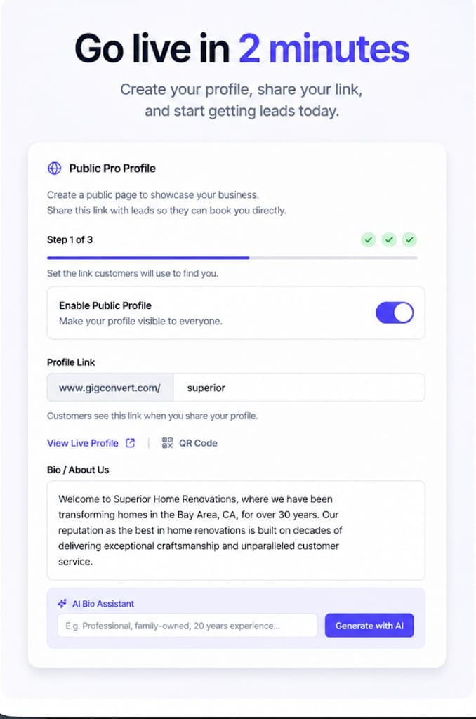 Configuración del perfil público con generador de logo y biografía con IA
